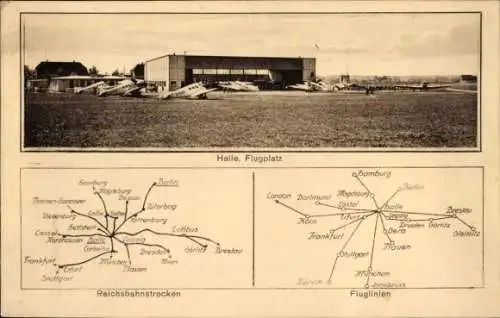 Ak Halle an der Saale, Flugplatz, Hangar, Flugzeuge, Reichsbahnstrecken, Fluglinien