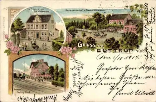 Litho Bottrop, Bahnhof Bottrop Nord, Gastwirtschaft zur Erholung, Gartenwirtschaft Theodor Wittstamm