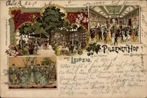 Litho Leipzig in Sachsen, Pilsener Hof, vormals Stadtgarten, Saal, Damenorchester