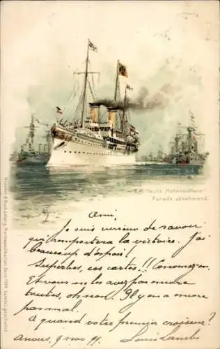 Künstler Litho Bohrdt, Hans, Kaiserliche Yacht SMS Hohenzollern, Parade abnehmend