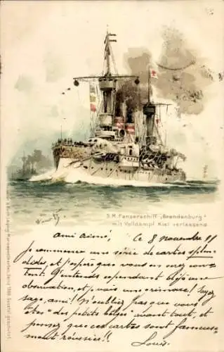 Künstler Litho Bohrdt, Hans, Deutsches Kriegsschiff, SMS Brandenburg, Panzerschiff