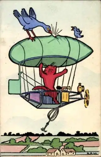 Künstler Ak H. A. W., Katze in der Gondel eines Zeppelins, Vögel, Nr. 513