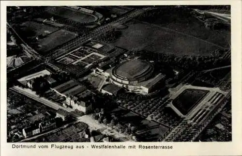 Ak Dortmund im Ruhrgebiet, Fliegeraufnahme, Westfalenhalle, Rosenterrasse