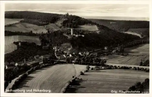 Ak Sachsenburg Oldisleben im Kyffhäuserkreis, Fliegeraufnahme, Hakenburg