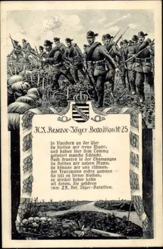 Ak Reserve-Jäger Bataillon Nr. 25, Soldaten in Uniformen, Gedicht, In Fladern an der Yser...