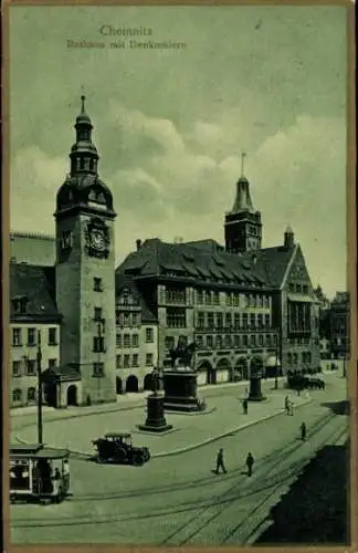 Ak Chemnitz in Sachsen, Rathaus, Denkmäler