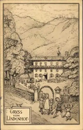 Künstler Ak Kopetzky, O., Lindenhof, Kinder, Haus, Hügel