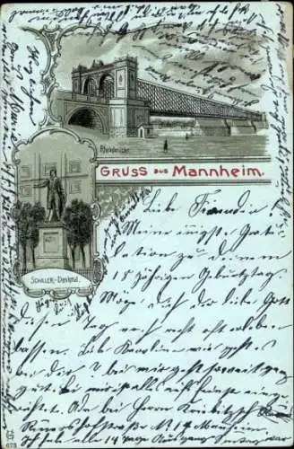 Mondschein Litho Mannheim in Baden, Rheinbrücke, Schiller-Denkmal