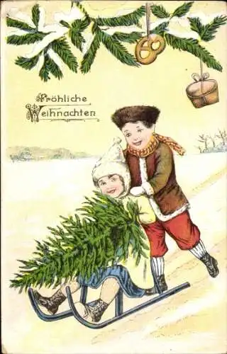 Ak Frohe Weihnachten, Zwei Kinder auf einem Schlitten, Tannenbaum, Lebkuchen, Baumschmuck