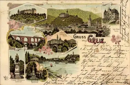 Litho Greiz im Vogtland Thüringen, Gesamtansicht, Oberes Schloss, Kaiser Wilhelm I.-Denkmal