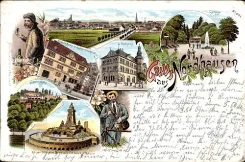 Litho Nordhausen am Harz, Kaiser-Wilhelm-Denkmal, Rathaus, Lutherdenkmal