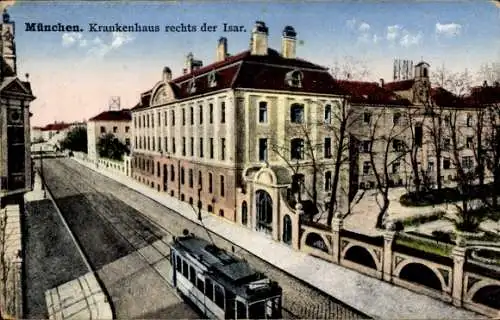 Ak München, Krankenhaus, Isar, Straßenbahn