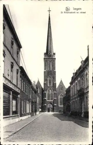 Ak Izegem Iseghem Westflandern, St. Hilonius-Kirche und Straße