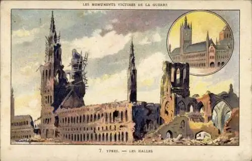 Litho Ypres Westflandern, Les Halles détruites, Kriegszerstörungen, Rathaus, I. WK