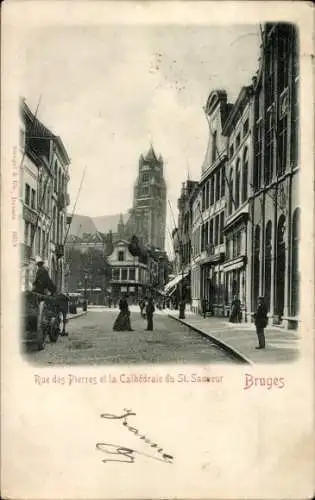 Ak Brügge Brügge Flandern Westflandern, Rue des Pierres, Kathedrale St. Sauveur