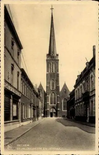 Ak Izegem Iseghem Westflandern, St. Hilonius-Kirche und Straße