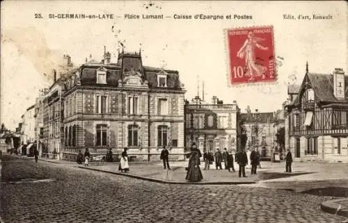 Ak Saint Germain en Laye Yvelines, Place Lamant, Caisse d'Epargne et Postes, Fachwerkhaus