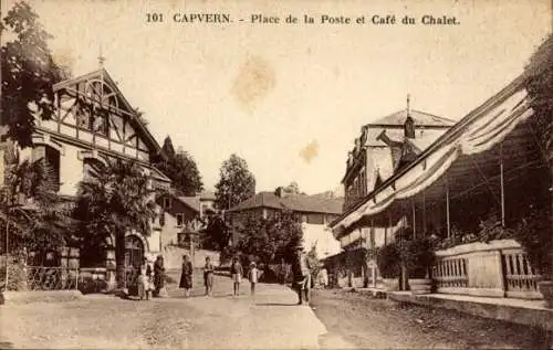 Ak Capvern Hautes Pyrénées, Place de la Poste und Café du Chalet