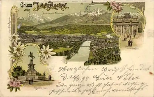 Litho Innsbruck in Tirol, Panorama, Leopoldsbrunnen, Triumpfpforte