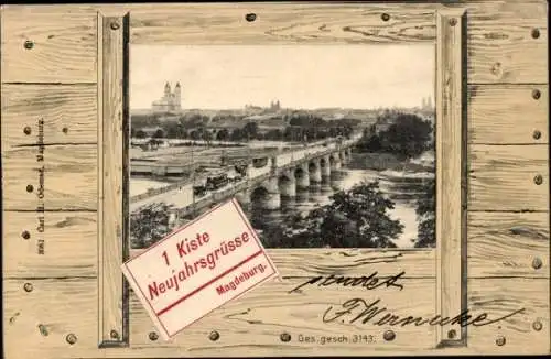 Passepartout Ak Magdeburg an der Elbe, Teilansicht, Brücke, Straßenbahnen