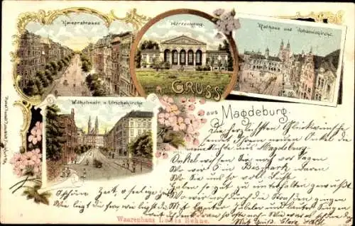 Litho Magdeburg an der Elbe, Kaiserstraße, Herrenkrug, Rathaus, Johanniskirche, Ulrichskirche