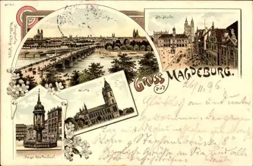 Litho Magdeburg in Sachsen Anhalt, Kaiser Otto Denkmal, Altmarkt, Dom, Total