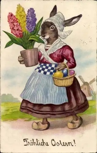 Ak Frohe Ostern, Osterhasenfrau in Tracht, Hyazinthen, Ostereier