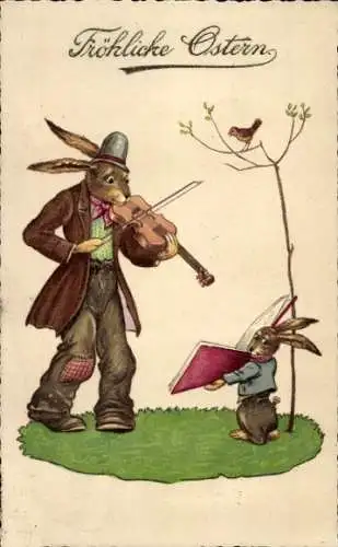 Ak Frohe Ostern, Osterhase musiziert, Geige