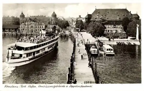 Ak Konstanz am Bodensee, Hafen, Schiff, Konziliumsgebäude, Zeppelindenkmal