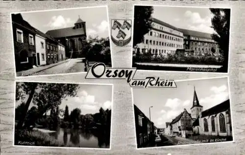 Ak Orsoy Rheinberg am Niederrhein, Kirchstraße, Kirche, Marienhospital, Kuhteich, Rheinstraße