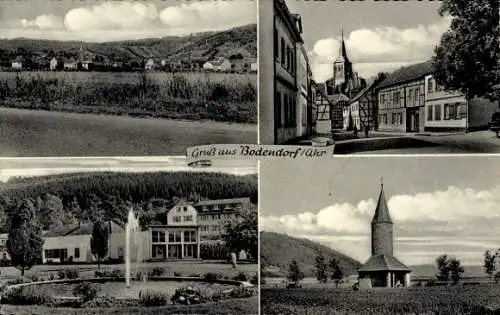 Ak Bad Bodendorf Sinzig am Rhein, Gesamtansicht, Fachwerkhäuser, Kirche, Springbrunnen, Kapelle