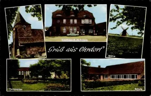 Ak Ohrdorf Wittingen in Niedersachsen, Kirche, Kaufhaus K. H. Scholz, Windmühle, Schule