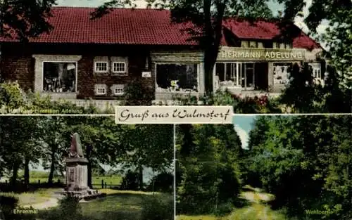 Ak Wulmstorf in Niedersachsen, Kaufhaus Hermann Adelung, Ehrenmal, Wald