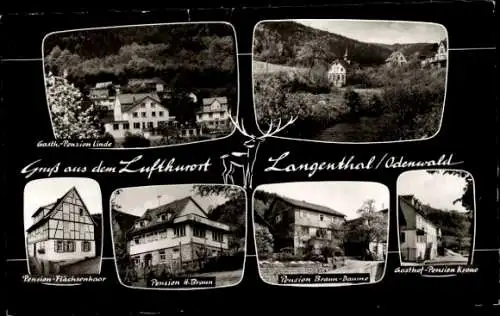 Ak Langenthal Hirschhorn am Neckar Hessen, Gasthof Linde, Pension Flachsenhaar, Gasthof Krone