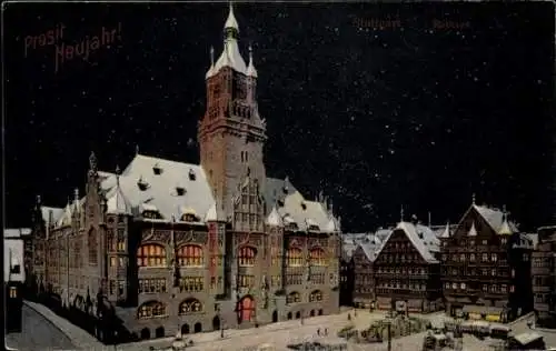 Ak Stuttgart in Württemberg, Verschneites Rathaus, Winter, Nacht