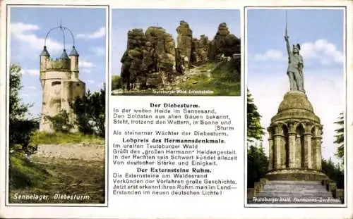 Ak Sennelager, Diebesturm, Externsteine, Hermannsdenkmal, Gedicht