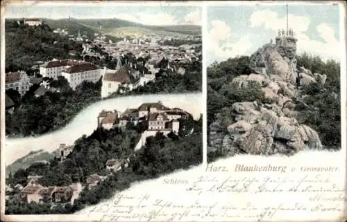 Ak Blankenburg am Harz, Schloss, Gesamtansicht, Großvater-Felsen