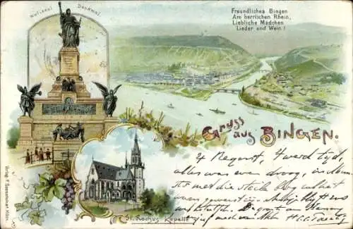 Litho Bingen am Rhein, Stadtpanorama, Kapelle, Nationaldenkmal