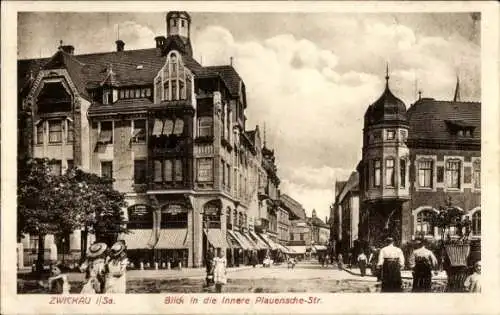 Ak Zwickau in Sachsen, Innere Plauensche Straße, Passanten, Geschäfte