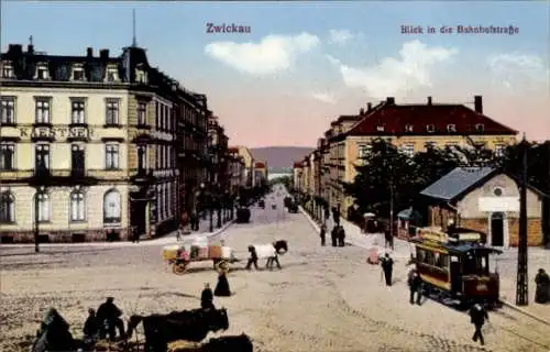 Ak Zwickau in Sachsen, Bahnhofstraße, Haus Kaestner, Straßenbahn, Pferdefuhrwerke