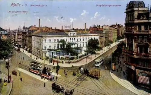 Ak Halle a.d. Saale, Riebeckplatz, Magdeburgerstraße, Leipzigerstraße, Tram