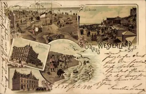 Litho Westerland auf Sylt, Strand, Hotel Hohenzollern, Postamt