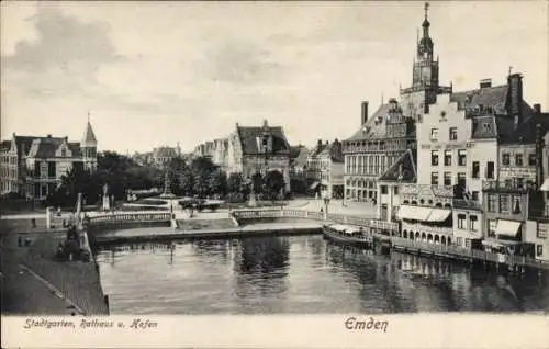 Ak Emden in Ostfriesland, Stadtgarten, Rathaus und Hafen