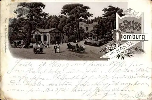 Litho Heteborn Selke Aue, Garten der Gastwirtschaft Domburg im Hakel, Fass, Kutsche, Waldrand