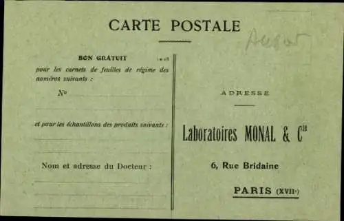 Ak Reklame, Dragees de Terkal Monal, Laboratoires Monal, Paris, 6 Rue Bridaine