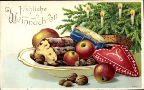 Präge Ak Glückwunsch Weihnachten, Gabenteller, Stollen, Lebkuchen