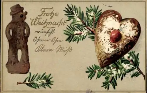 Präge Ak Frohe Weihnachten, Lebkuchenmann, Lebkuchenherz