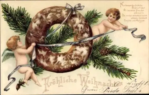 Präge Litho Glückwunsch Weihnachten, Engel, Lebkuchen