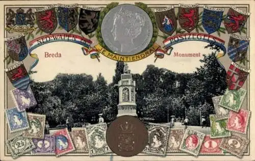 Präge Briefmarken Wappen Ak Breda Nordbrabant Niederlande, Denkmal