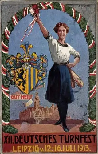 Wappen Ak Leipzig in Sachsen, XII. Deutsches Turnfest 1913, Gut Heil